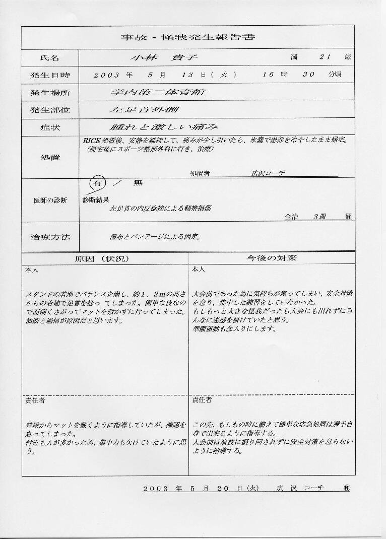 事故 怪我発生報告書